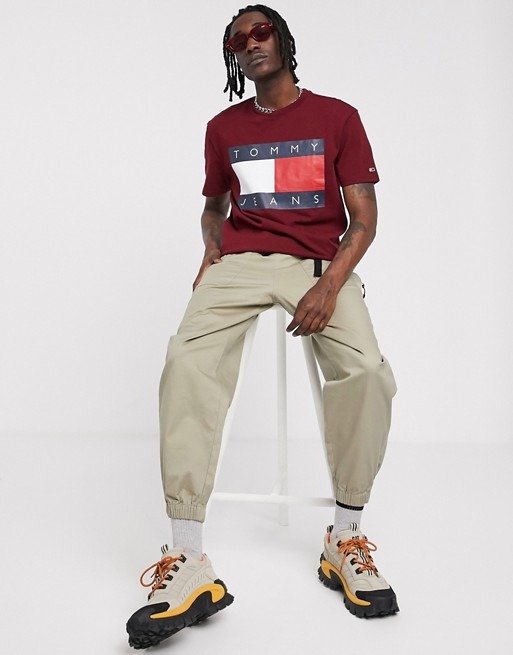t-shirt in burgundy with large chest flag logo | ASOS