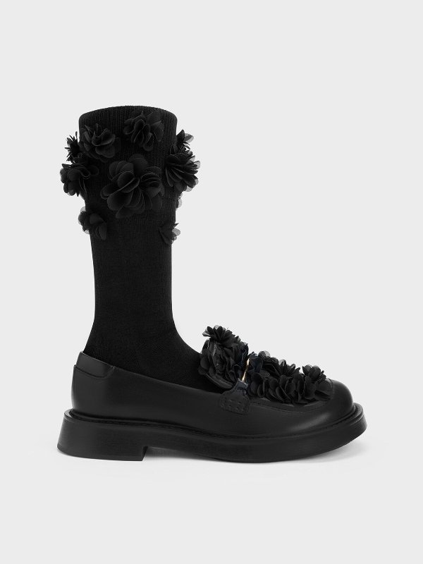 黑色花朵乐福鞋