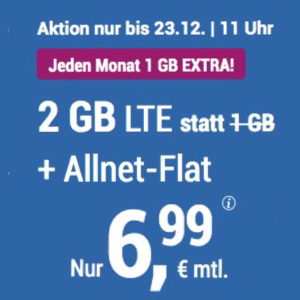 送1GB+免接通费 包月电话/短信+2GB上网+欧盟漫游 月租€6.99