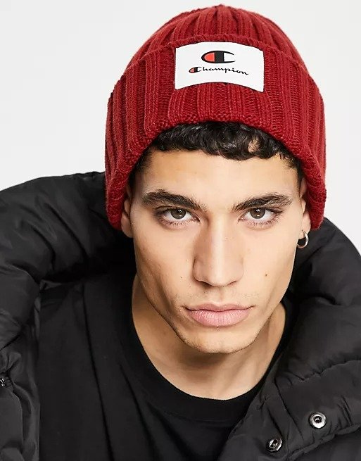 beanie hat with branding in red