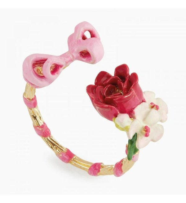 粉色蝴蝶结和花朵可调节戒指