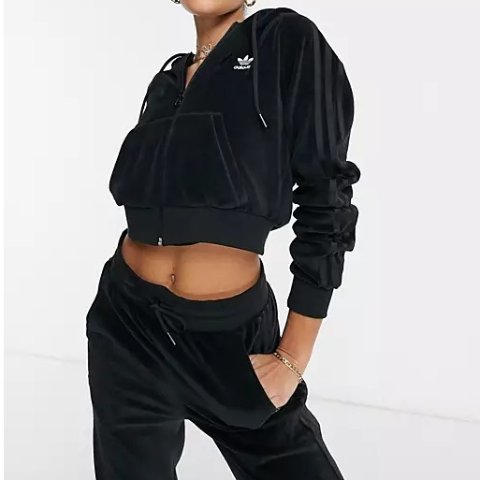 adidas Originals满$100享8折 Relaxed Risque  velour zip through hoodie-black