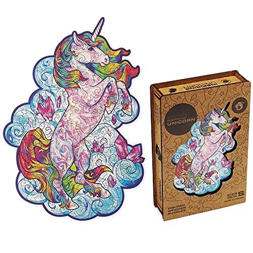Unidragon Wooden Puzzle Jigsaw, Best Adults and Kids, Unique Shape Jigsaw Pieces Inspiring Unicorn, 7 x 9.5 inches, 101 Pieces, Small