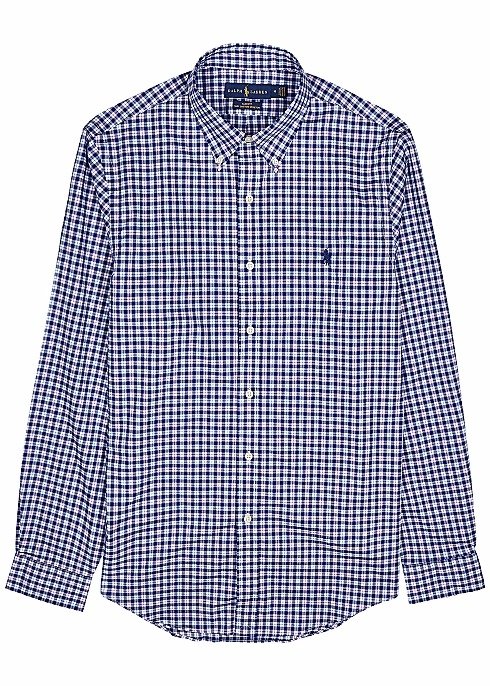 Navy checked slim-fit cotton shirt