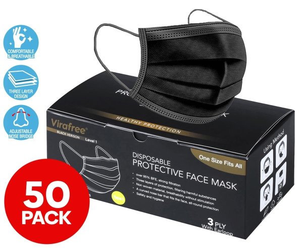 3 Ply Disposable Protective Face Masks 50-Pack - Black