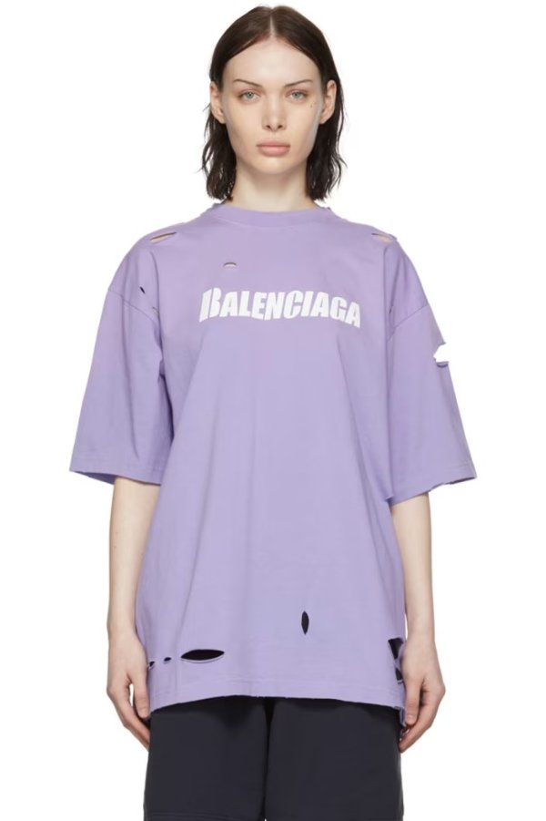 紫色 Cotton 破洞T恤