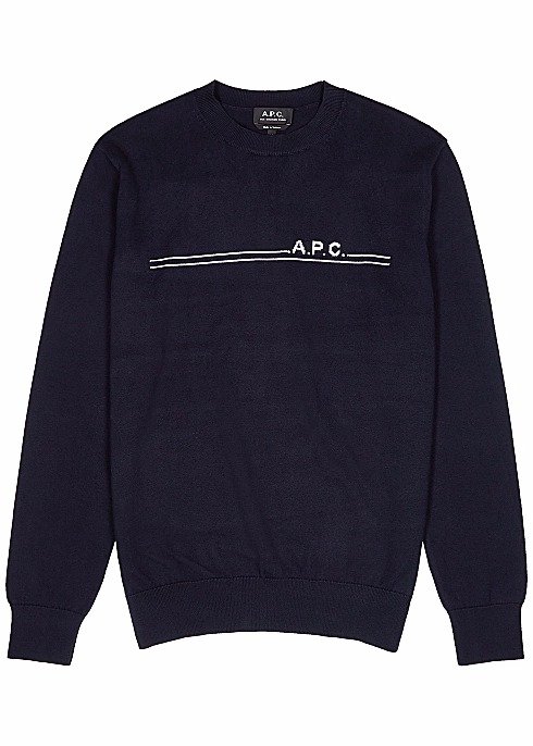 Navy logo-intarsia cotton-blend jumper