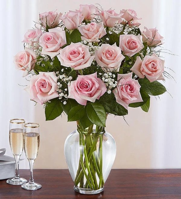 优质长茎粉玫瑰 带花瓶