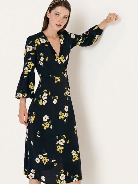 Black and Yellow Floral Bluebelle Wrap Midi Dress