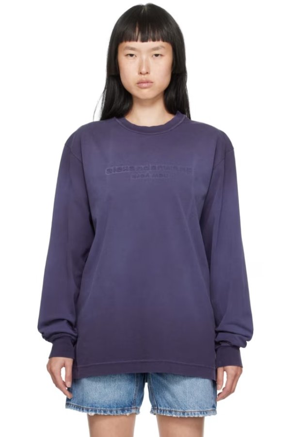 紫色压花长袖 T 恤