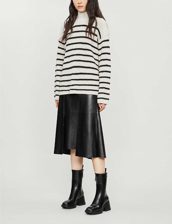 Striped high-neck relaxed-fit knitted jumper