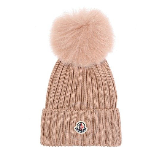 粉色毛球针织帽