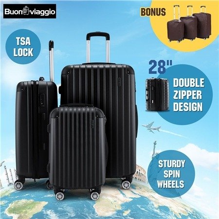 3Pc Luggage Suitcase set-Black With 3X Covers & TSA Lock