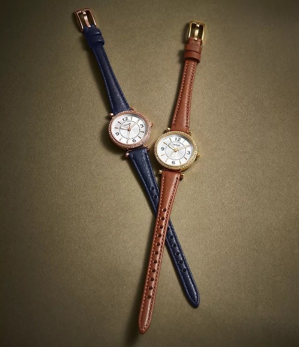 Carlie 三针中号棕色 LiteHide™ 皮革手表