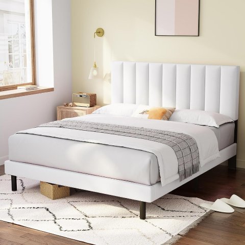 Molblly Queen尺寸床架 带软垫床头板 典雅白色 百搭风格