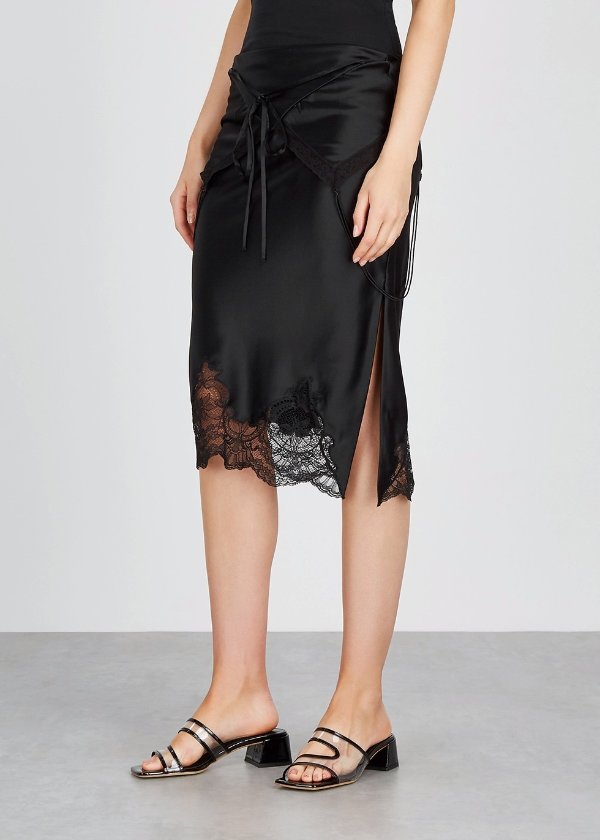 Black layered silk-satin skirt