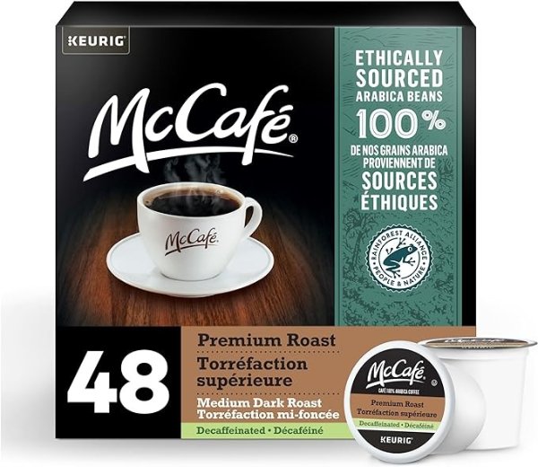 McCafe 高级烘焙无咖啡因 K-Cup 咖啡包，48 颗，适用于 Keurig 咖啡机