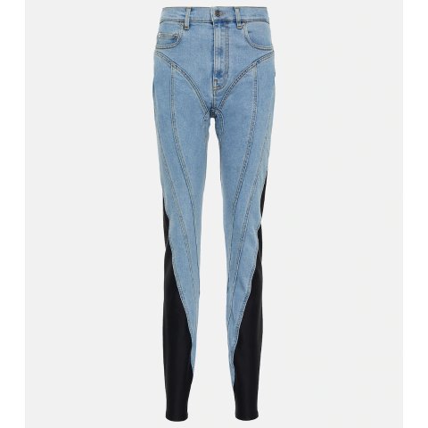 拼接紧身牛仔裤