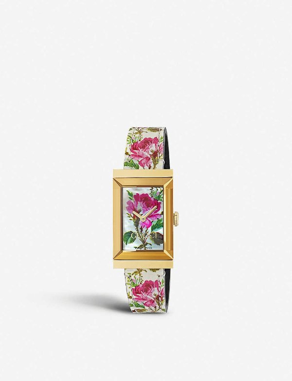 YA147406 G-frame PVD yellow gold-plated, mother-of-pearl and leather strap watch