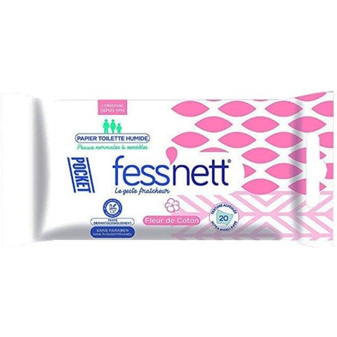 Fess Nett - Papier Toilette Humide Pocket Fleur de Coton x20 - Formule  testée dermatologiquement 0% parabène 0% phenoxyethanol - Pour peaux  normales à