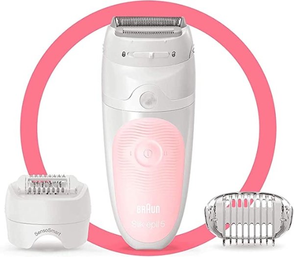 Silk-epil 5 5-620, Epilator for Women, Includes Shaver and Trimmer Head for Gentle Hair Removal, Micro-Grip Tweezer Technology, Wet and Dry Epilation, High Frequency Massage Cap, Anti-Slip Grip
