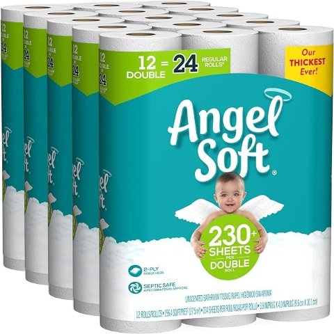 Angel 柔软卫生纸，60 双卷，60 = 120 普通卷，浴纸，5 包 12 卷