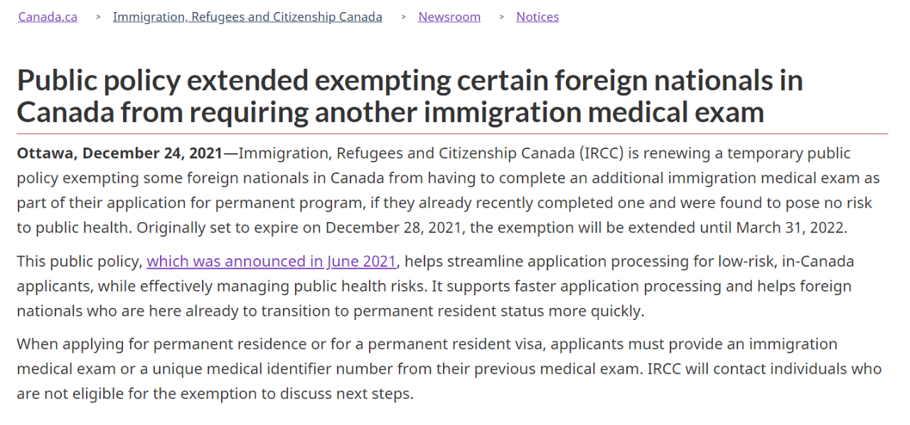 加拿大境内移民申请人及其家人的体检豁免政策延长至2022年3月31日