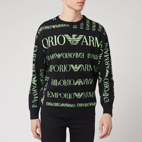 Men's Neon All Over Logo Knitted Jumper - Black/Neon Green