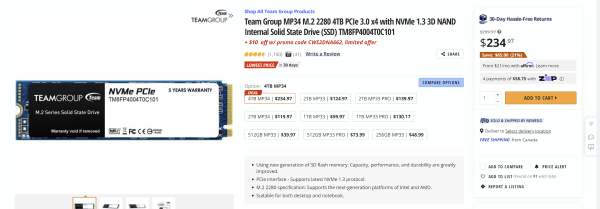 MP34 M.2 2280 NAND SSD固态硬盘4TB