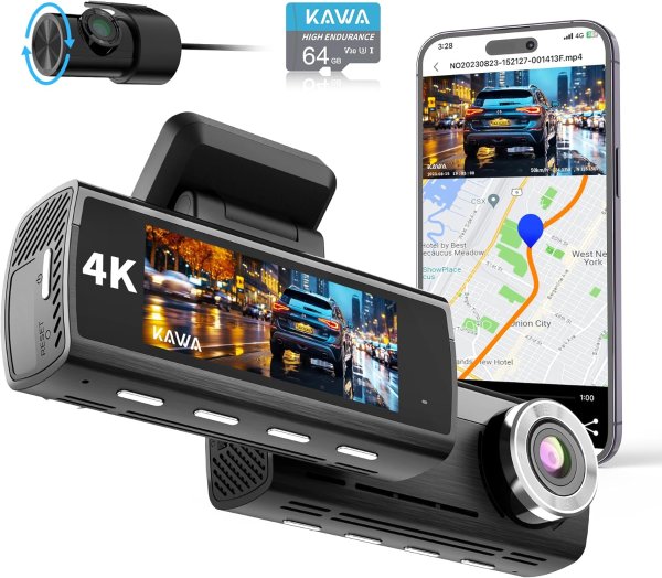 KAWA 4K 前后双摄 行车记录仪 带64GB储存卡 夜视/停车模式搭载