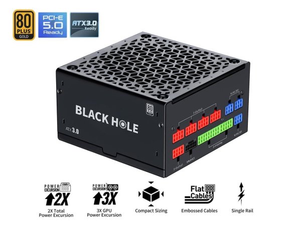 Black Hole 1000W Black 80PLUS Gold Power Supply ATX3.0 PCIE 5.0 Full Voltage PSU 12VHPWR Full Modular ECO FDB Silent Fan ATX Gaming Power Supply Support 3090Ti 4070Ti 4080 4090 GPU Black