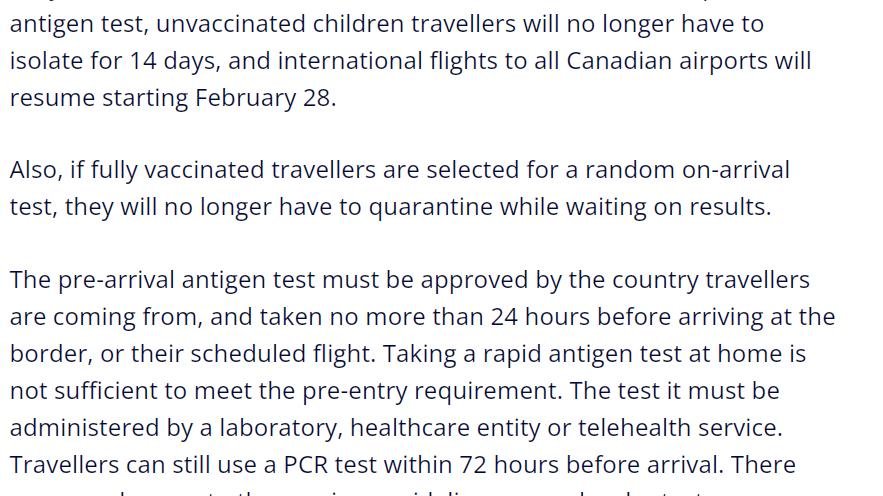 自2月28日起，入境加拿大可以选择PCR或Antigen检测，入境后如遇机场检测也无需隔离等结果了