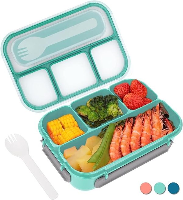 便当盒，便当盒成人午餐盒，幼儿/儿童/成人午餐盒容器，1300 毫升-4 隔层和叉子，防漏，可用于微波炉/洗碗机/冰箱，不含 Bpa（绿色）
