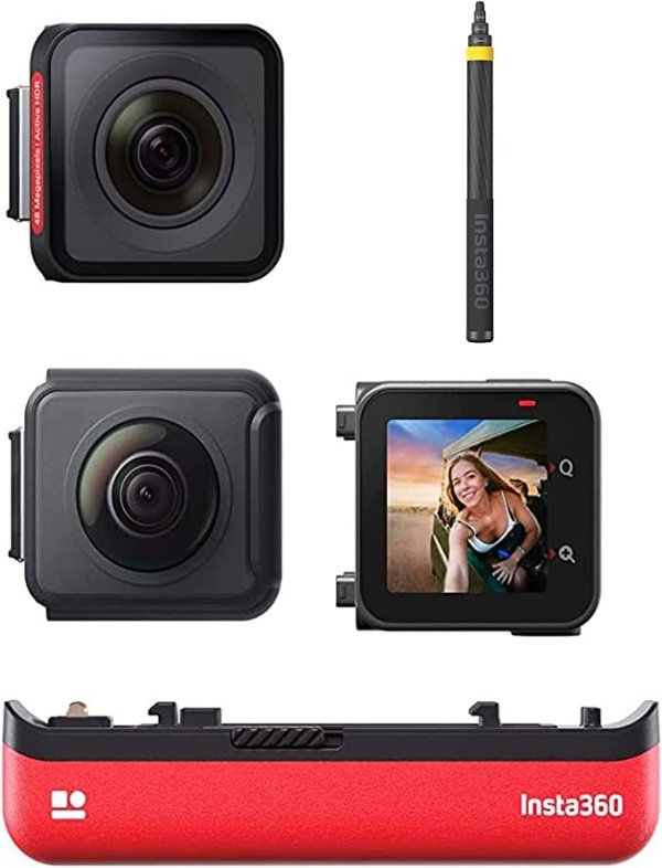 ONE RS Twin Edition – 防水 4K 60fps 运动相机和 5.7K 360 相机，带可更换镜头、稳定性、48MP 照片、主动 HDR、AI 编辑、3M 隐形自拍杆