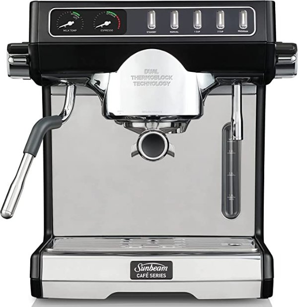 Cafe Series Duo Manual Espresso Coffee Machine| 58mm Commercial Size Group Head, Fast Heat-Up Dual Thermoblock Heating System, Steam Pressure & Hot Water Control, EMM7200BK