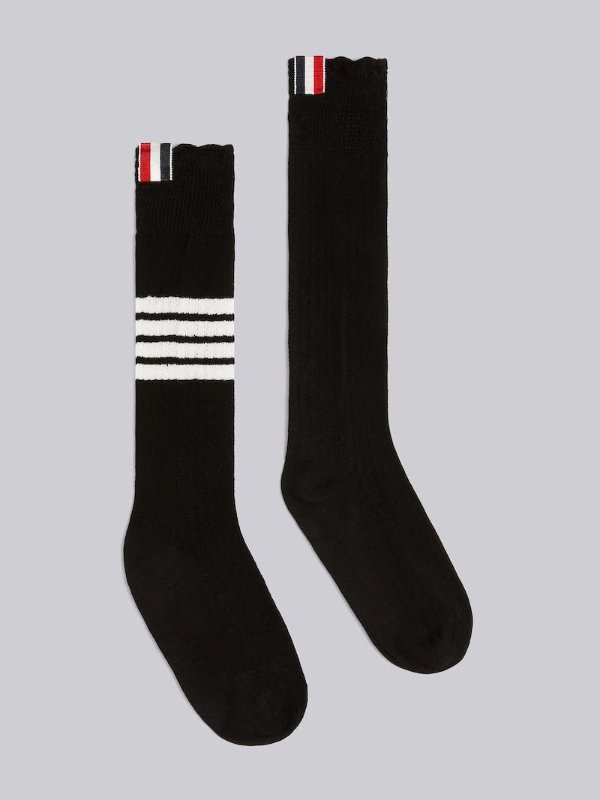 黑色棉质蕾丝 4 条纹中筒袜