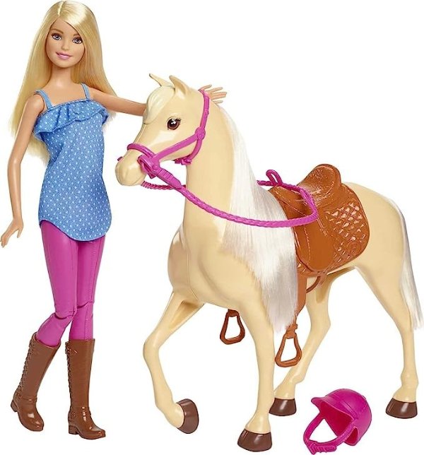 娃娃和马套装，骑马装金发时尚娃娃和浅棕色马，带马鞍、缰绳和缰绳