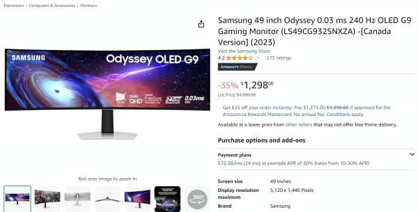 Samsung 49吋 Odyssey OLED G93SC DQHD 0.03ms 240Hz 曲面显示器