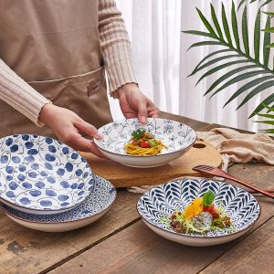 Swuut 日式印花陶瓷餐盘4只 坚固耐用 烤箱、洗碗机可用