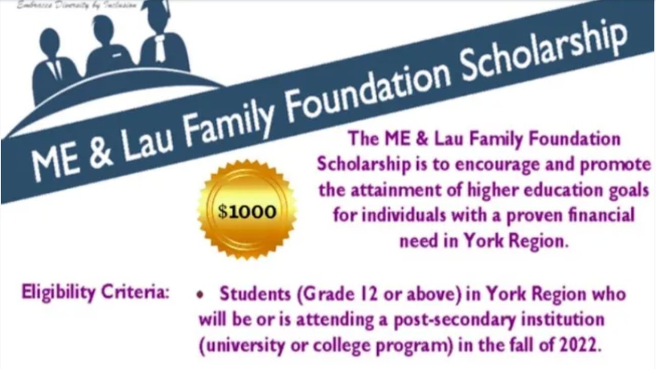 2022 ME & Lau 奖学金向约克地区学生开放，12年级以上学生就可以申请，高达$1000！