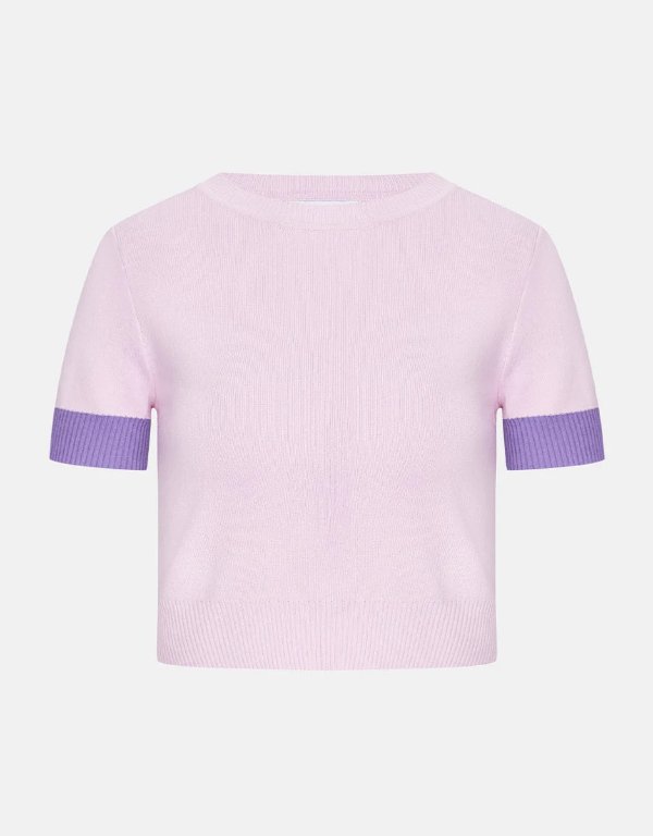 紫色拼色针织短袖