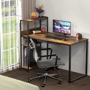 SHW 46英寸 一体式书架+书桌 复古木纹 简洁耐用
