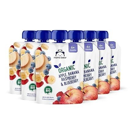 Mama Bear 有机果泥 Apple, Banana, Blueberry and Raspberry, 90g (Pack of 6)