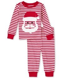 男女通用婴幼儿圣诞老人条纹舒适棉质睡衣 - 红宝石色