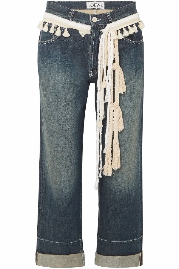 Rope-trimmed cropped boyfriend jeans