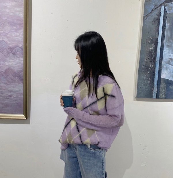 香芋紫格纹毛衣