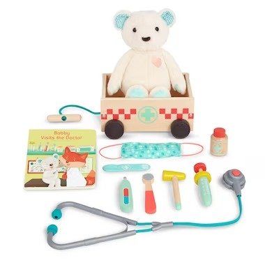 鲍比熊玩具套装医生套件、泰迪熊和纸板书
