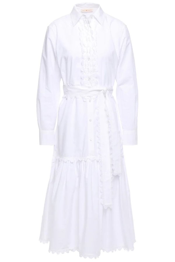 Scallop-trimmed ruffled cotton-poplin shirt dress