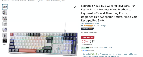 Redragon K668 RGB游戏键盘带吸音泡沫 升级版热插拔插口