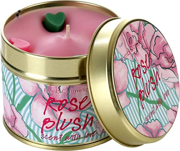 Bomb Cosmetics 玫瑰腮红香味锡制蜡烛；玫瑰花蕾和绿叶香水；包含纯天竺葵和玫瑰精油；素食友好；30-35 小时燃烧